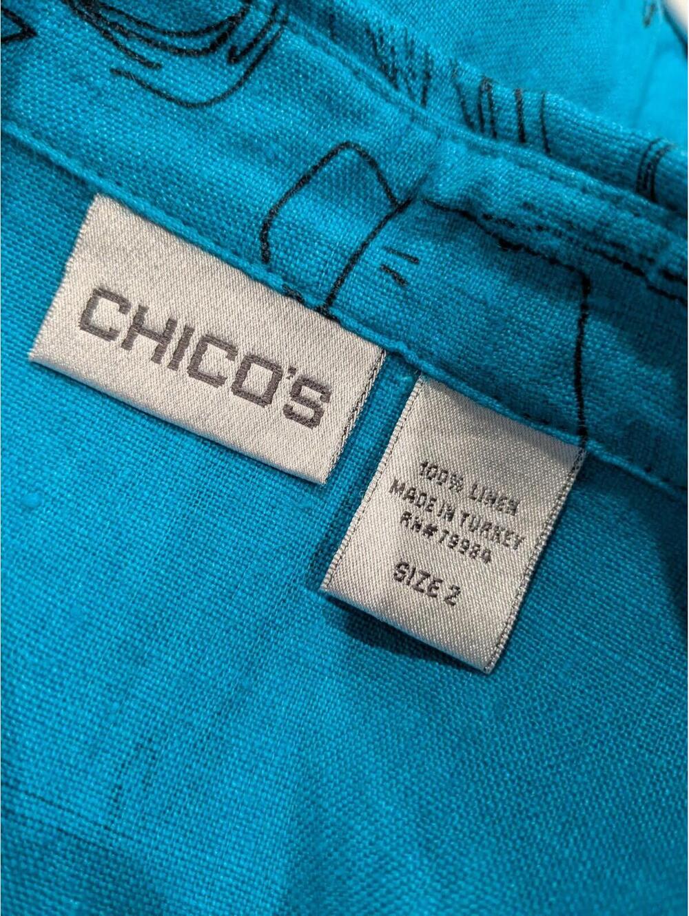 Chico's Women's Animal Print Linen Shirt, Size 2, Blue, 3/4 Sleeves, Button Down - Picture 3 of 13